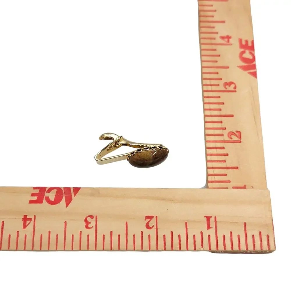 Vintage Gold Tone Brown Jasper Agate Stone Oval Cabochon Tie Clip Clasp Bar